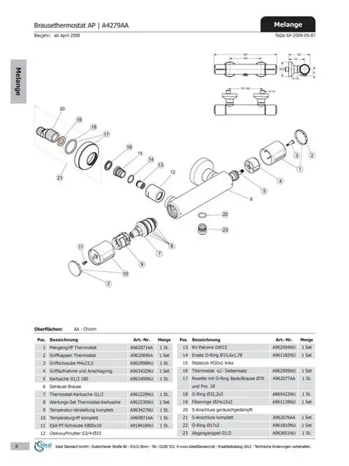 Explosionszeichnung mit Einzelteilen und Artikelinformationen für eine Rosette mit O-Ring von Ideal Standard, geeignet für Bad- und Brauseanwendungen in Chrom.